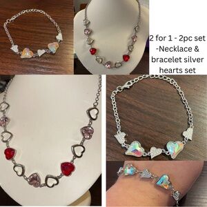 (2for1) 2 pc set - Necklace & bracelet heart gems & silver Valentine’s Day deal!